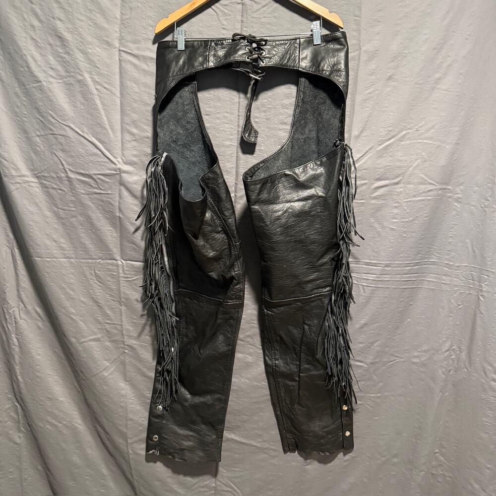 Hot Leathers Motorcycle Chaps Black Leather Fringe Biker Riding Pants Large